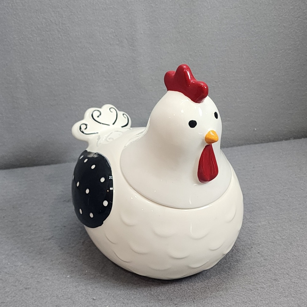 vintage Montgomery Ward Cheryl's Hen Cookie Jar White Black‎ Polka Dot Farmhouse